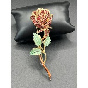 Vintage Kramer of New York Enamel and Pave Rhinestone Rose Pin Brooch MINT 3.5”H